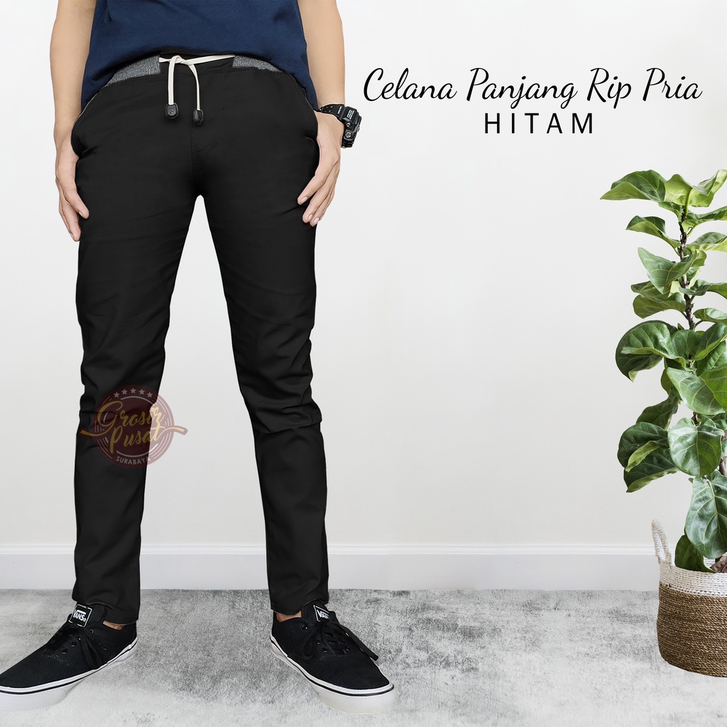 Celana Panjang Chinos Pria Hitam Model Rip Pinggang Karet