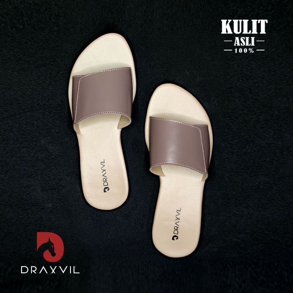 Draxvil - Sandal Kulit Asli warna coklat / Sendal Selop Cewek / Sandal Kulit Wanita / Sendal Kulit C