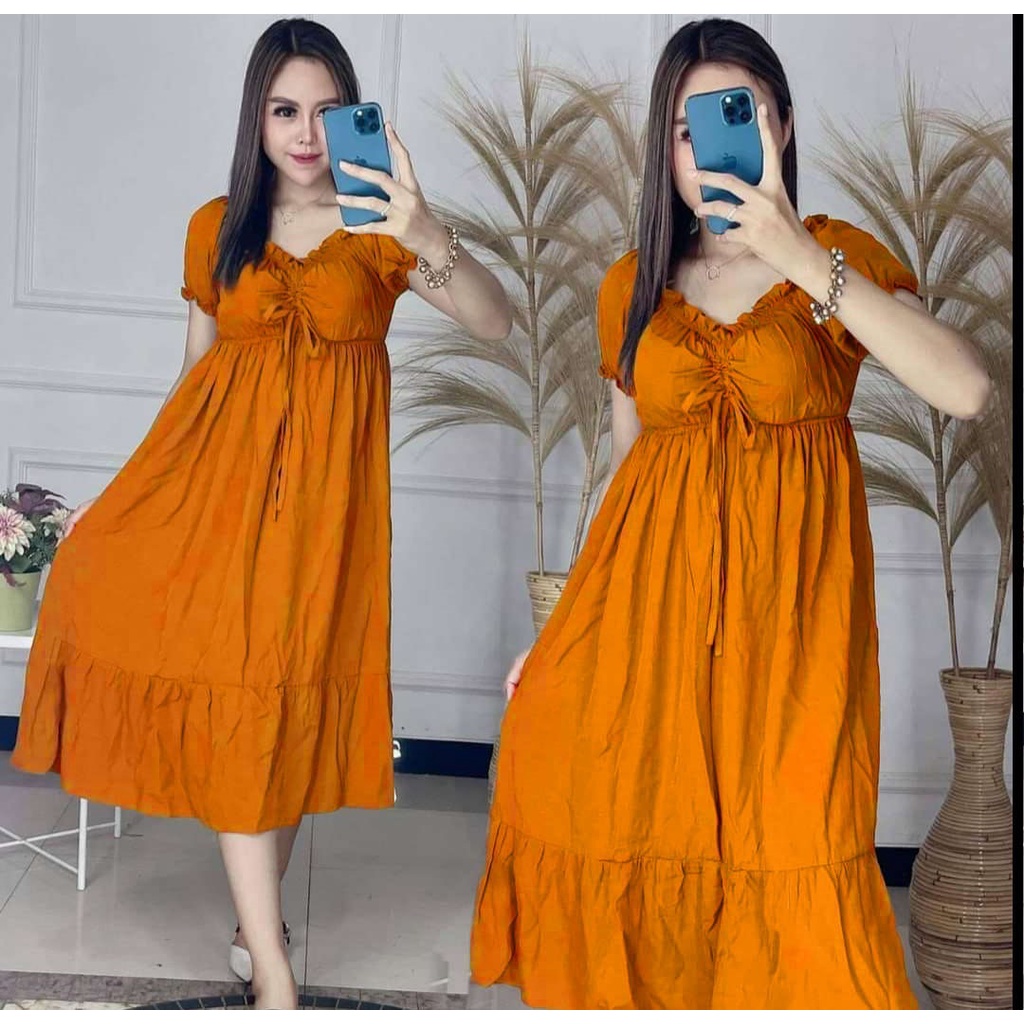 Daster Serut Dada Casandra Bali Kekinian Bahan Rayon Polos Wanita Remaja-orange