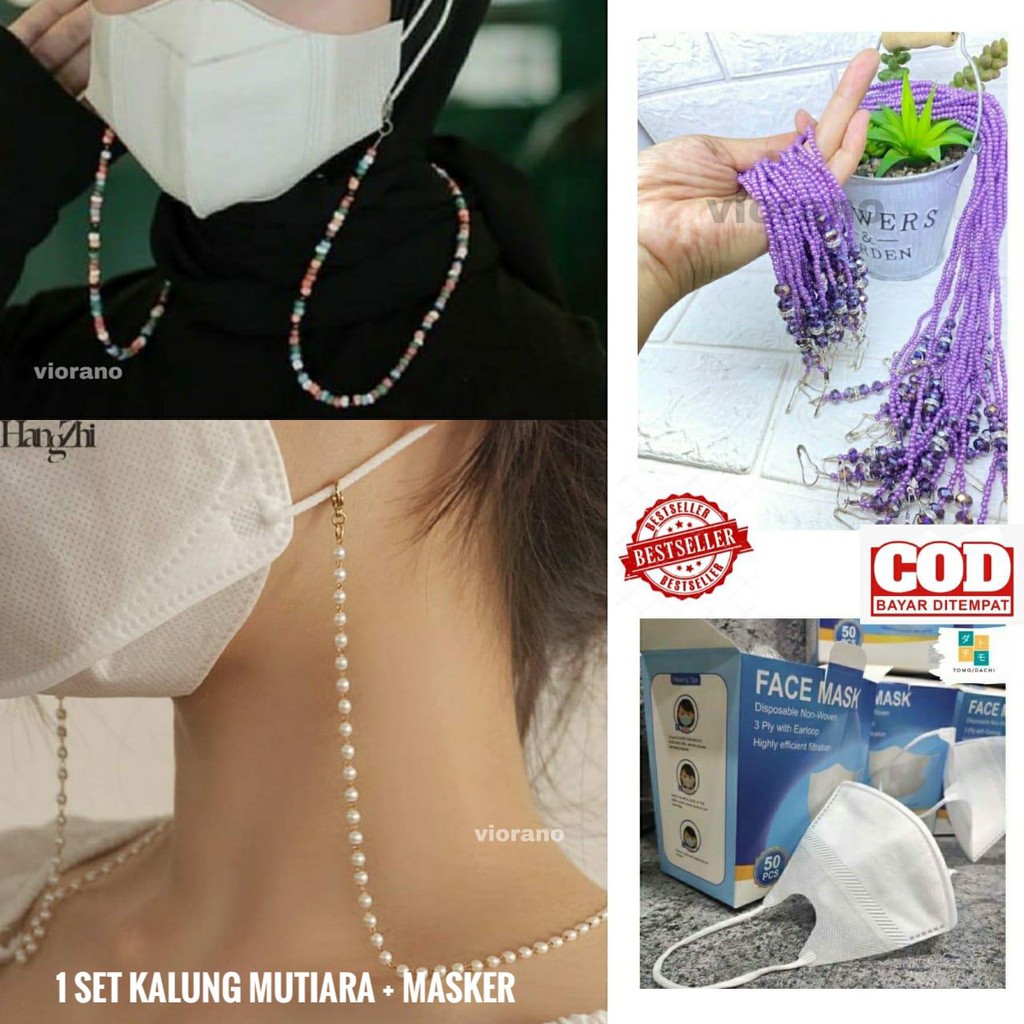 1 Paket Masker + Kalung Strap Mutiara / Paket Masker Wanita Dan Kalung Mutiara Bisa Pilih Warna