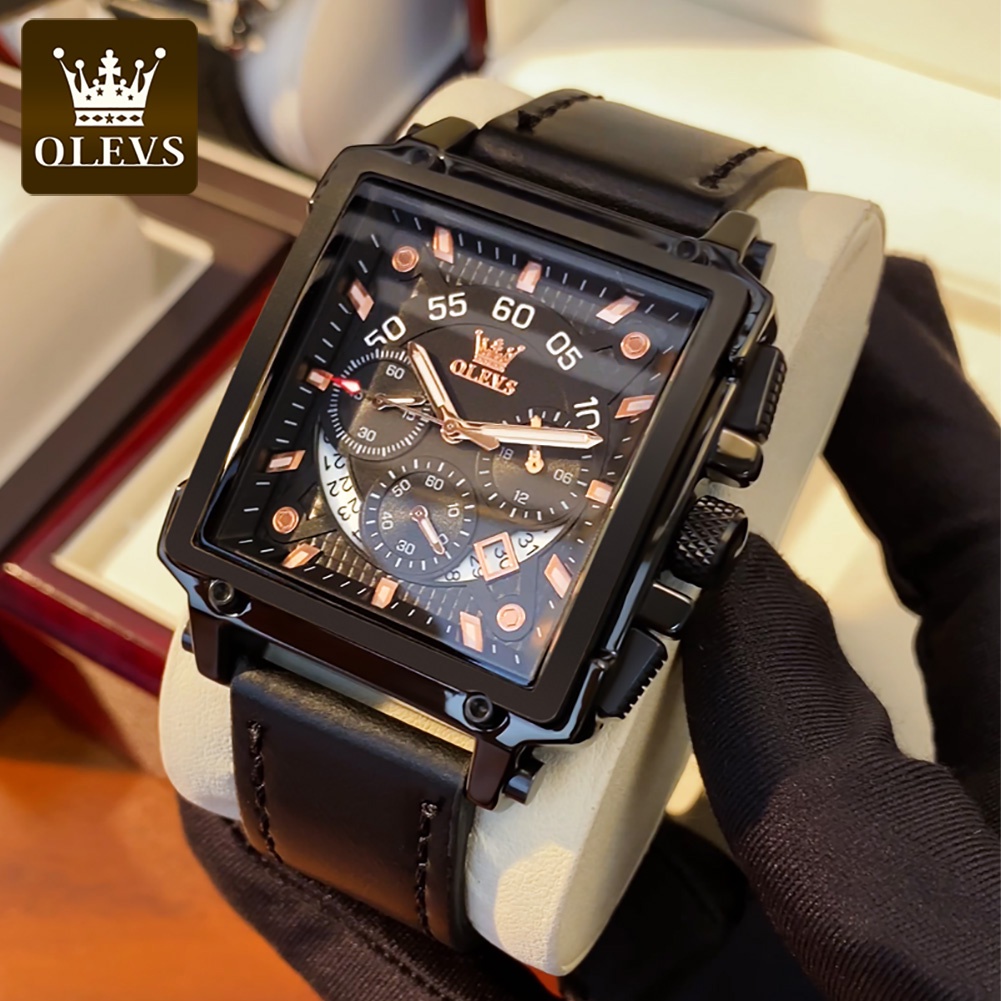 【COD】OLEVS Jam Tangan Pria Original Anti Air Kulit Tahan Keren Led Hitam Coklat Square Chronograph Watch Men Leather With Date