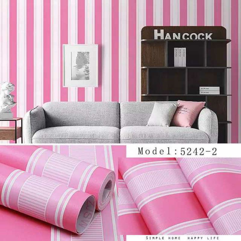 WALLPAPER DINDING MOTIF SALUR PINK GARIS 10m x 45cm