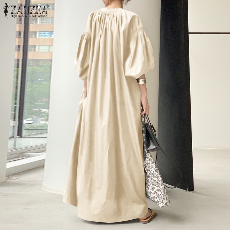 ZANZEA Women Collar V-Neck Puff Sleeve Solid Casual Maxi Dress