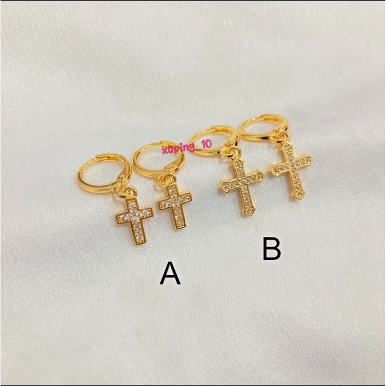 Anting Jurai Motif Salib Permata Kecil Perhiasan Lapis Emas