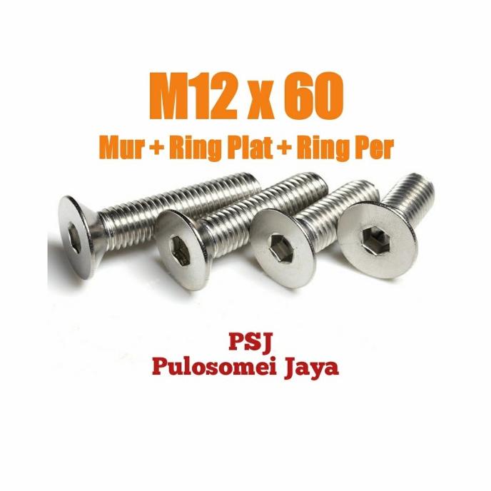 Baut Verseng Stainless 304 M12 X 60 / Mur + Ring Plat + Ring Per