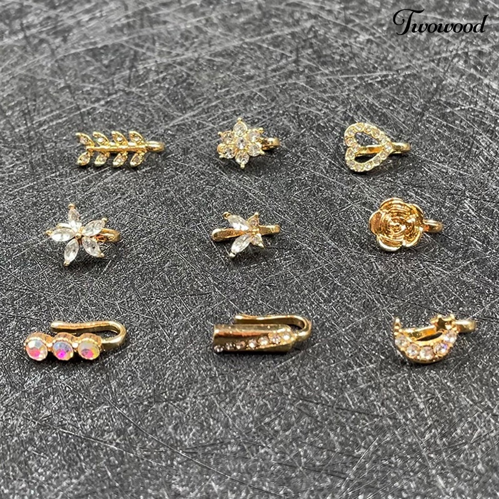 9pcs Anting Stud Hidung Bentuk Bunga Bulan Aksen Berlian Imitasi Untuk Pesta