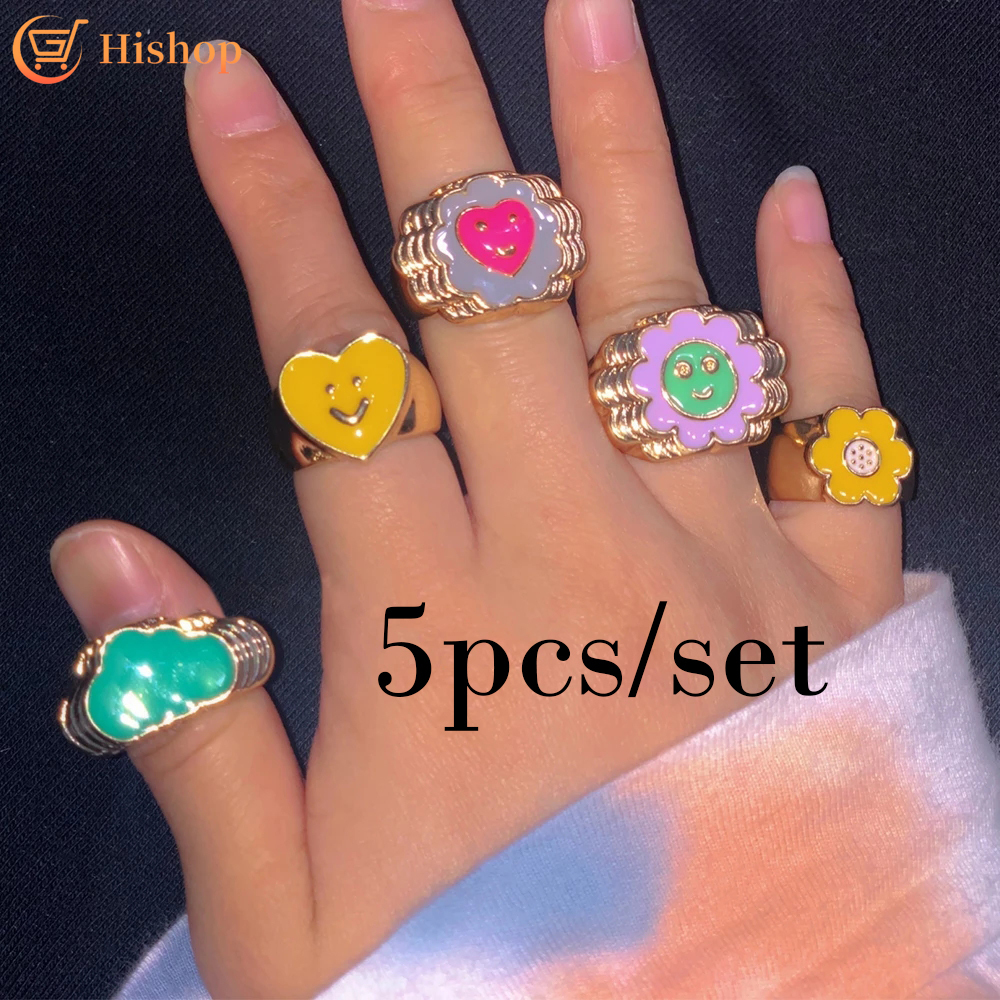 5pcs / Set Cincin Motif Kartun Aksen Kristal Warna-Warni Untuk Wanita