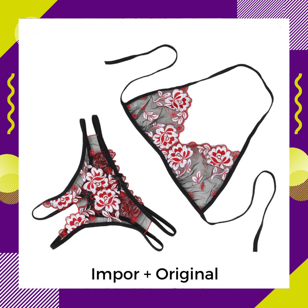 1 Set bra plus cd wanita / Lingerie Bra g string open crotch Celana Bordir Transparan lace B056
