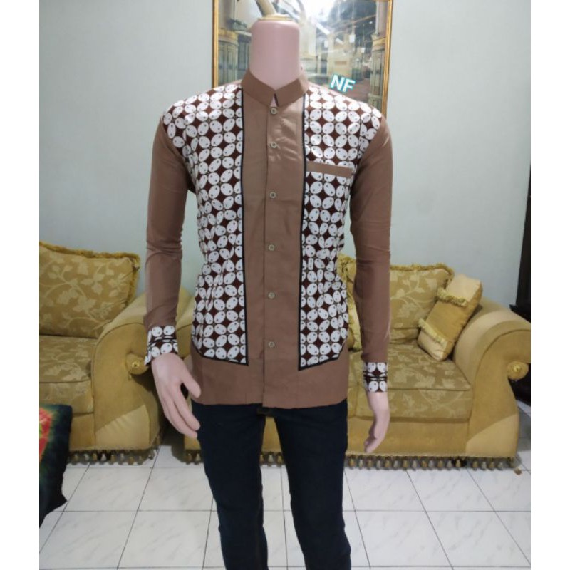 baju koko cowok lengan panjang warna coklat susu nude kombinasi batik motif kawuung size L