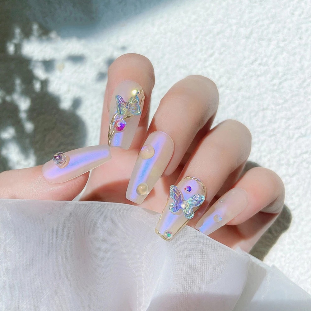 10pcs / set Stiker Kupu-Kupu 3D Aurora Glitter Warna-Warni Untuk Dekorasi Nail Art