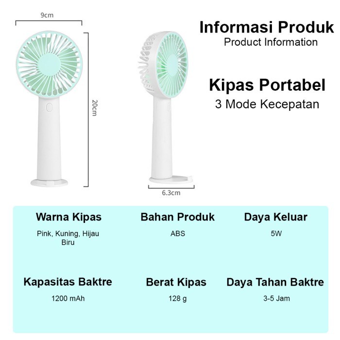 Kipas Angin Portable Mini 3 Speed Kipas Angin Meja USB 1200 mAh