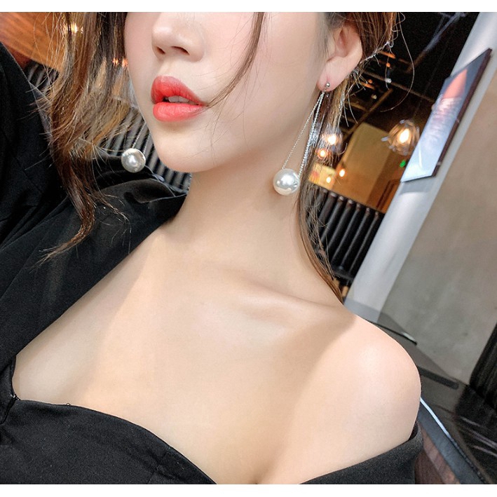 Anting tusuk style korea wanita kekinian model rantai panjang bergantung mutiara  381