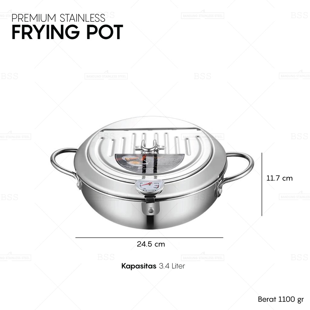 Frying Pot 3.4L Panci Wajan Goreng Tempura Udang Thermometer Premium Stainless Tray Peniris Minyak