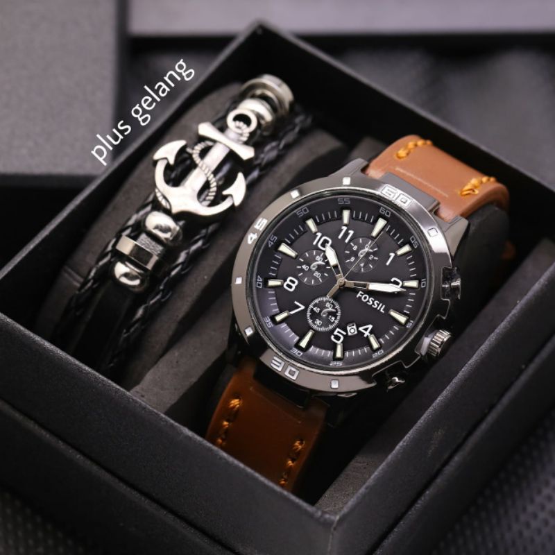 Paket Gelang  Jam Tangan Pria Chrono FOS LS95 Plus Gelang Jangkar