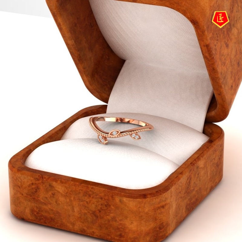 [Ready Stock]Simple Elegant 14K Gold Leaves Diamond-Studded Ring