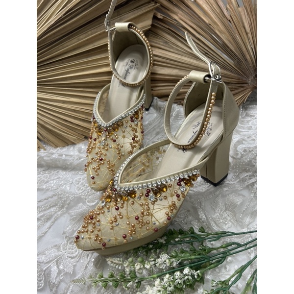 sepatu wanita wedding pesta naima gold tali 9cm tahu