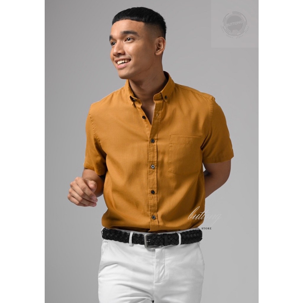 kemeja pendek pria polos pria kuning mustard casual