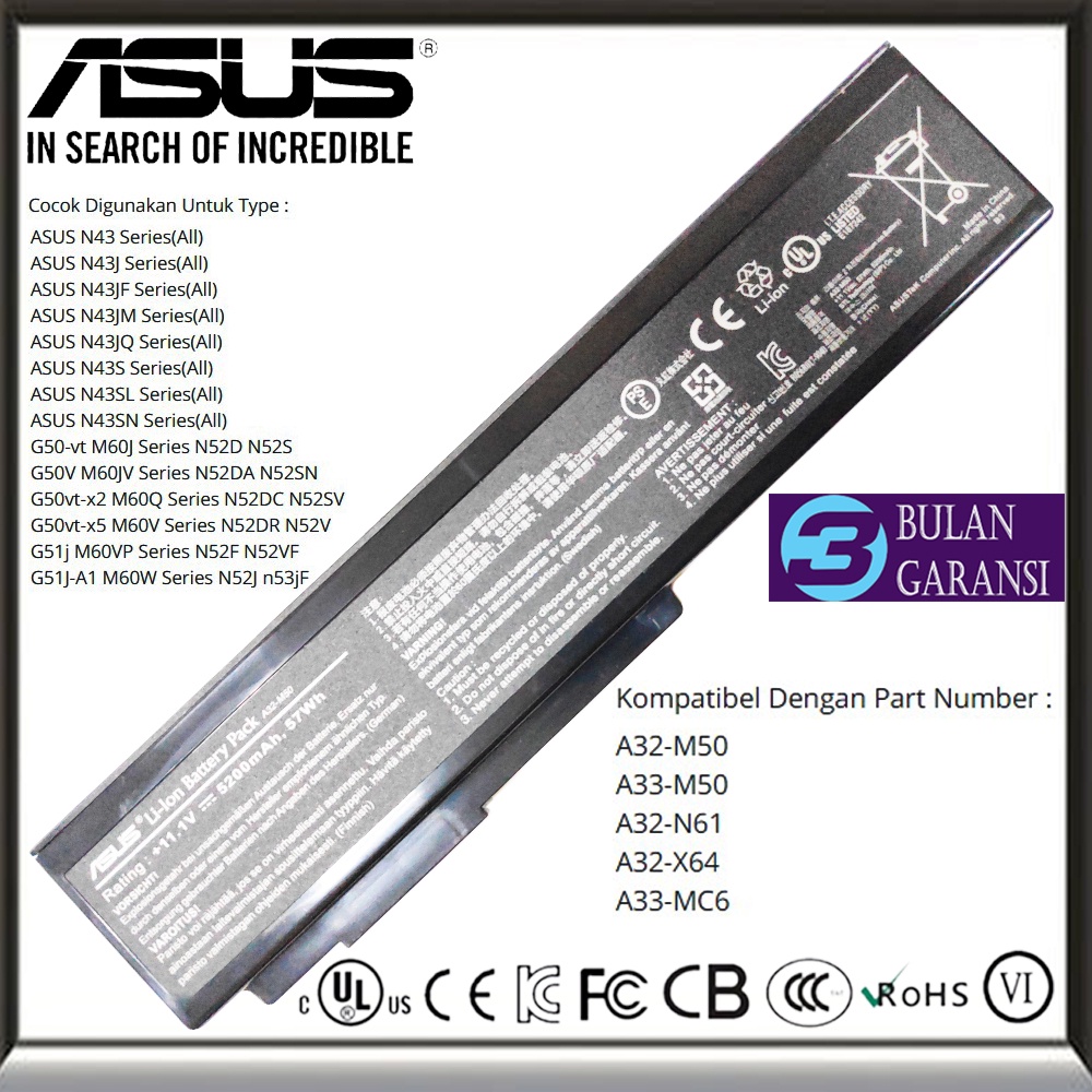 Baterai Batre Original Laptop Asus A32-M50 N43 N43S N43SL N43SM N43SN N43J N43JF N43JM M50 M51 M51E X55 G50 A33-M50 A32-N61 A32-X64 A33-MC6