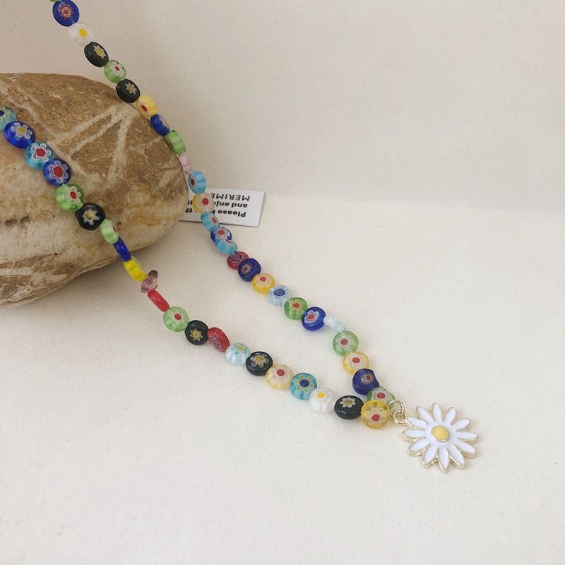 Color Beaded Necklace, Small Daisy Pendant, Clavicle Chain, Korean Temperament, Simple