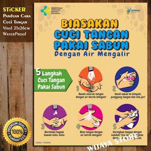 

Stiker Panduan Cara Cuci Tangan Versi Kemenkes RI - Vinyl 21x26CM WaterProof