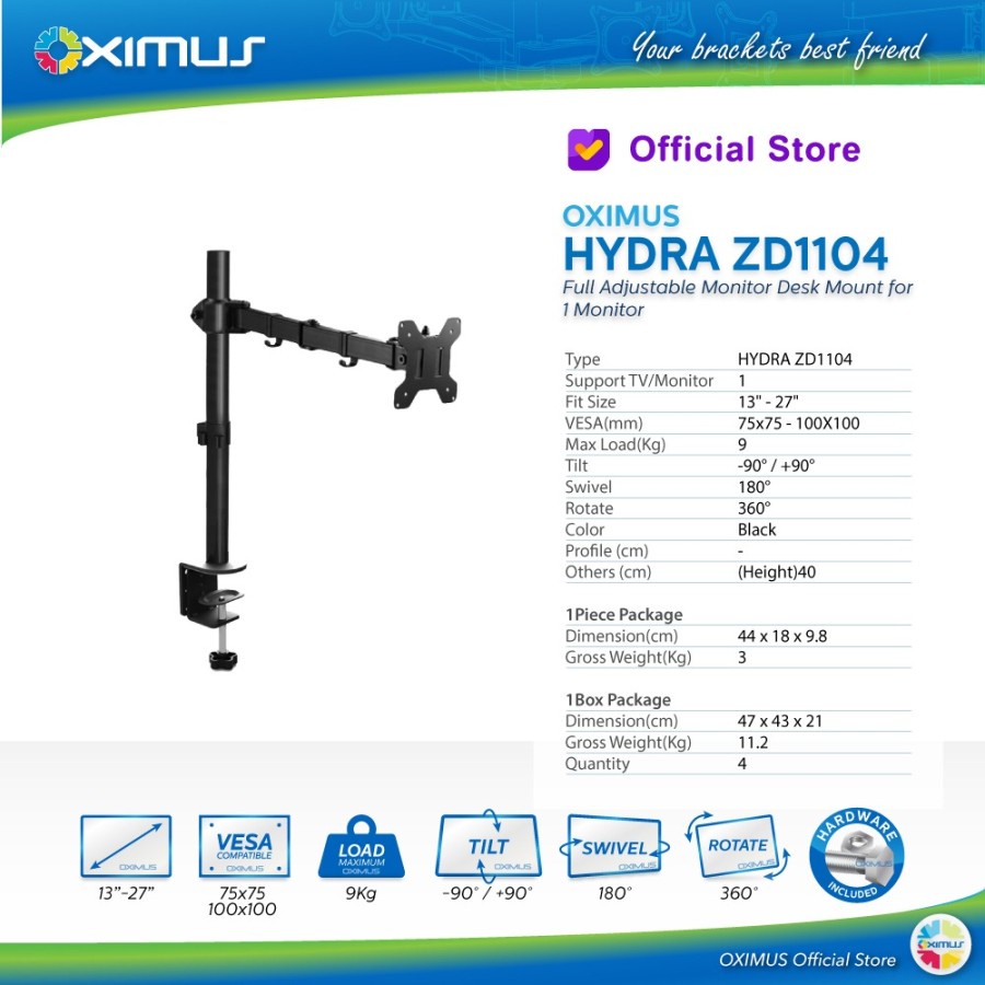 Bracket Meja LCD LED TV Monitor 13&quot; - 27&quot; OXIMUS HYDRA ZD1104 Desk Mount