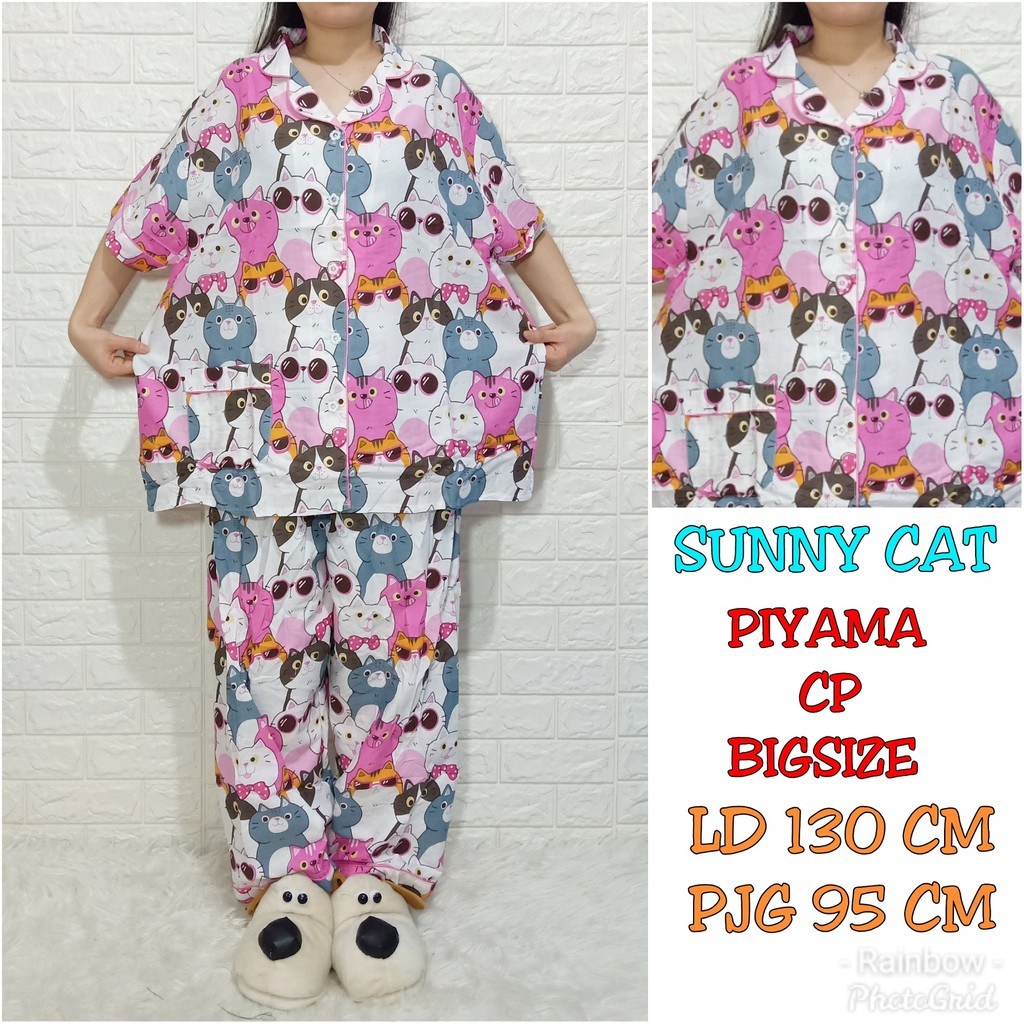 Piyama dewasa CP BIGSIZE,celana panjang baju pendek, FIT TO XXXL,motif SUNNY CAT