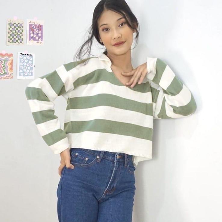 FUJI ATASAN RAJUT BLOUSE BB30-50KG CROPTOP BLASTER GARIS SALUR FUJI SWEATER BAJU BELANG BAJU KERAH KEMEJA WANITA KOREA STYLE