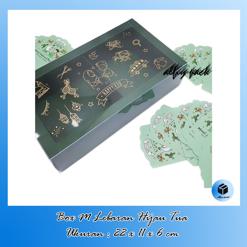 

1pack isi 5pcs BOX ROLLCAKE MIKA LEBARAN IDUL FITRI UKURAN 22x11x6 CM HIJAU TUA DAN TAG UCAPAN KOTAK KEMASAN MINICHIFFON PARCEL / HAMPERS PACKAGING EID MUBARAK