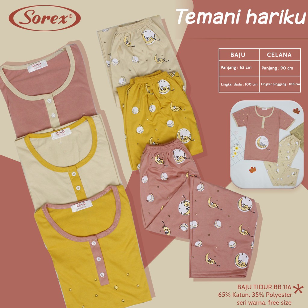 Sorex Baju Tidur 1 Set Atasan Pendek Kancing + Celana Panjang Katun Adem Piyama Freesize  BB 116-3
