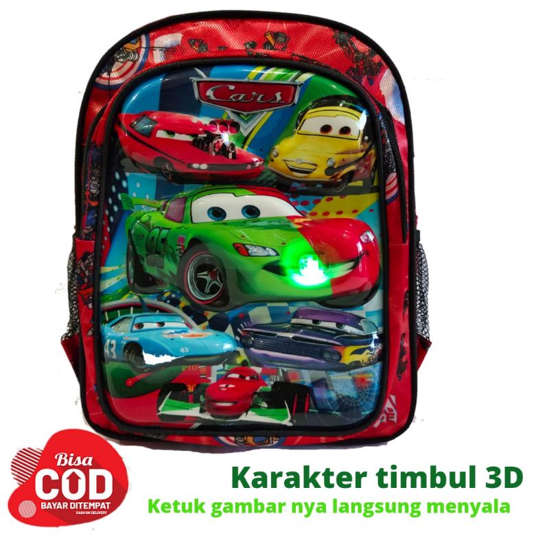 Tas ransel anak Tk Laki-laki karakter embos timbul 3D lampu nyala