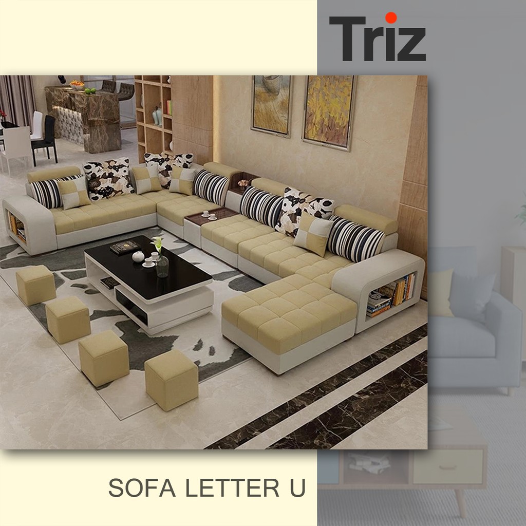 sofa letter u 7 seater furniture minimalis kuning bahan midili bonus meja minimalis [Triz Furniture]