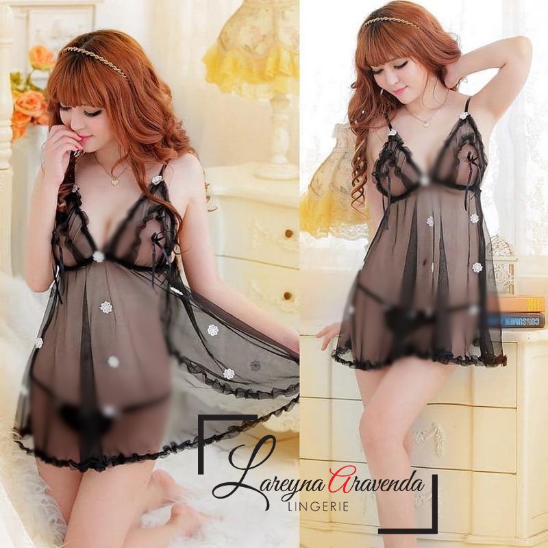 Set Lingerie Sexy + G String Transparan Tanpa Lengan Model Lace Bordir Bunga LG013