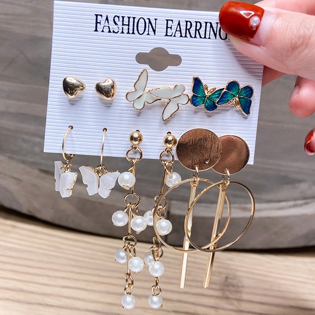 17KM Fashion Pearl Butterfly Earring Set Crystal Tassel Elegant Stud Earrings Gold Earrings Women Jewelry Accessories-16