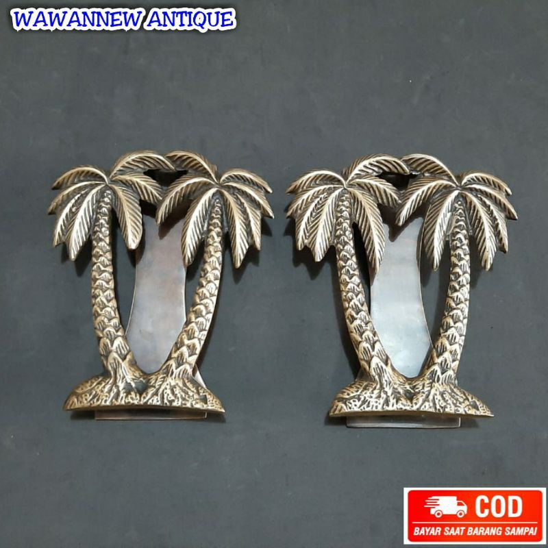 Ketukan Pintu Rumah Pagar Kuningan Antik Motif Pohon Kelapa 12cm