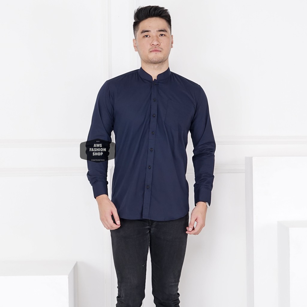 Kemeja Panjang Biru Navy Dark Blue Kerah Shanghai Pria Cowok Casual