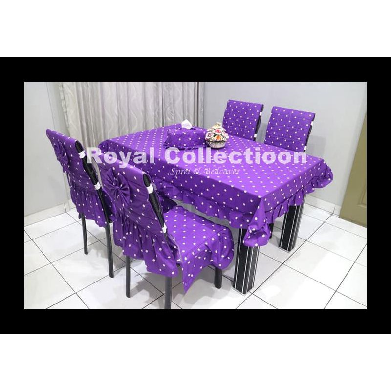 DISKON SET SARUNG KURSI MAKAN / TAPLAK MEJA / CTC / COVER KURSI : DOTTY UNGU DEKORASI MURAH
