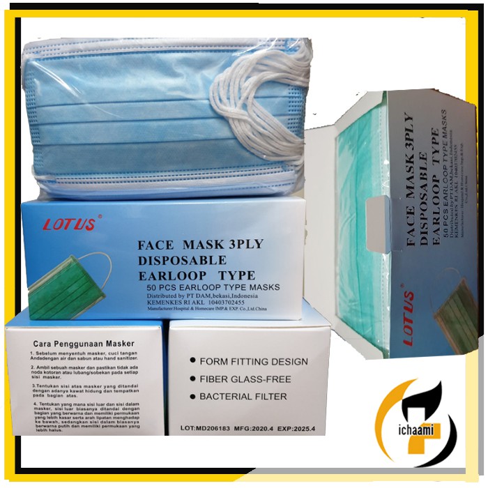 Lotus Face Disposable Mask 3Ply Masker Medis 50pcs Earloop Organic Pelindung Muka Murah 1 Box