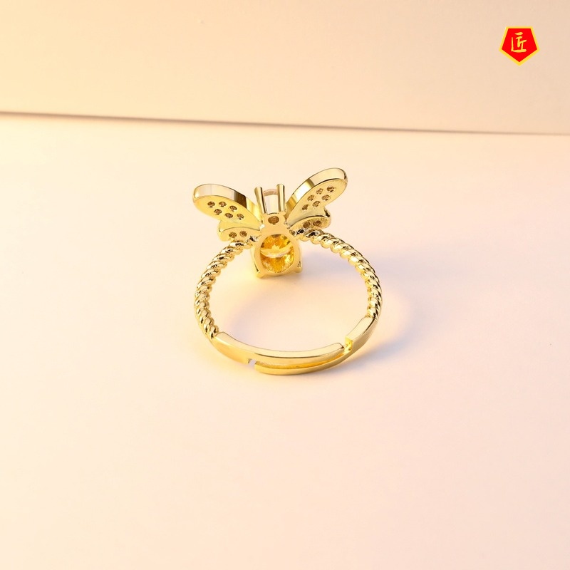 [Ready Stock]Colored Gems Citrine Little Bee Gold Ring