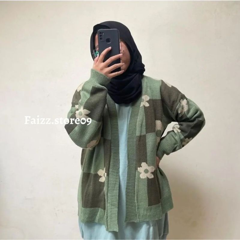 Zafara Cardigan Rajut OVERSIZE Wanita Motif Kotak Bunga / Atasan Rajut Premium Wanita  Murah