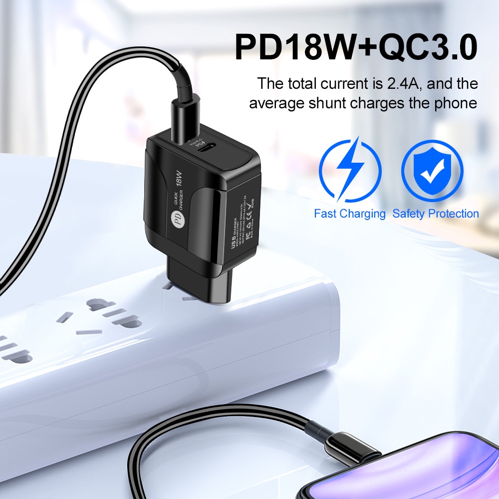 Adapter Charger Dinding QC3.0 Fast Charging Tipe C 18W PD Plug EU UK USB Untuk Travel