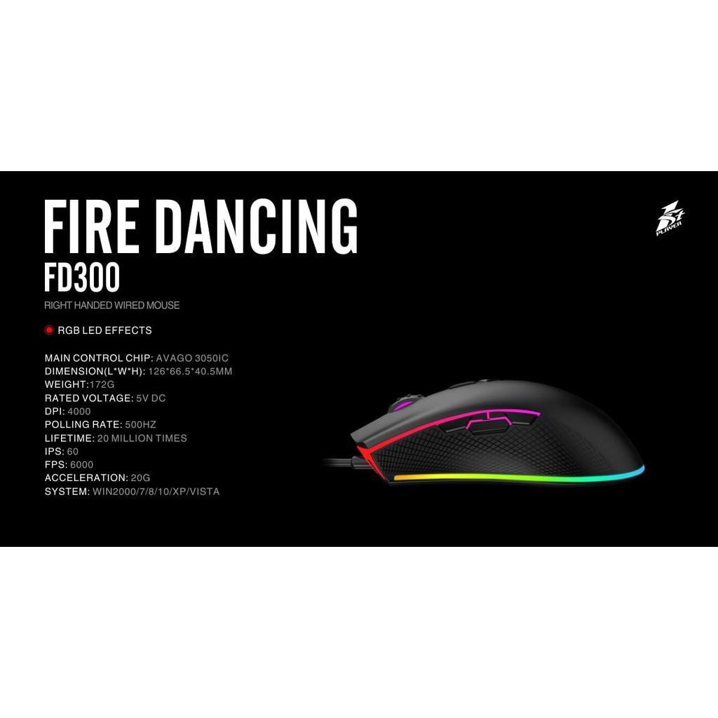 Mouse 1STPLAYER RGB Gaming Mouse FIRE DANCING FD300 PRO with AVAOG 3050 Gaming Optical Sensor