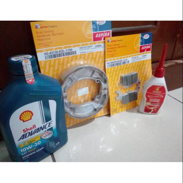 Paket kampas rem Front &amp; Rear Aspira + oli Shell Ax7 SAE 10-30/40W+ oli gardan for Vario F1/beat/f1