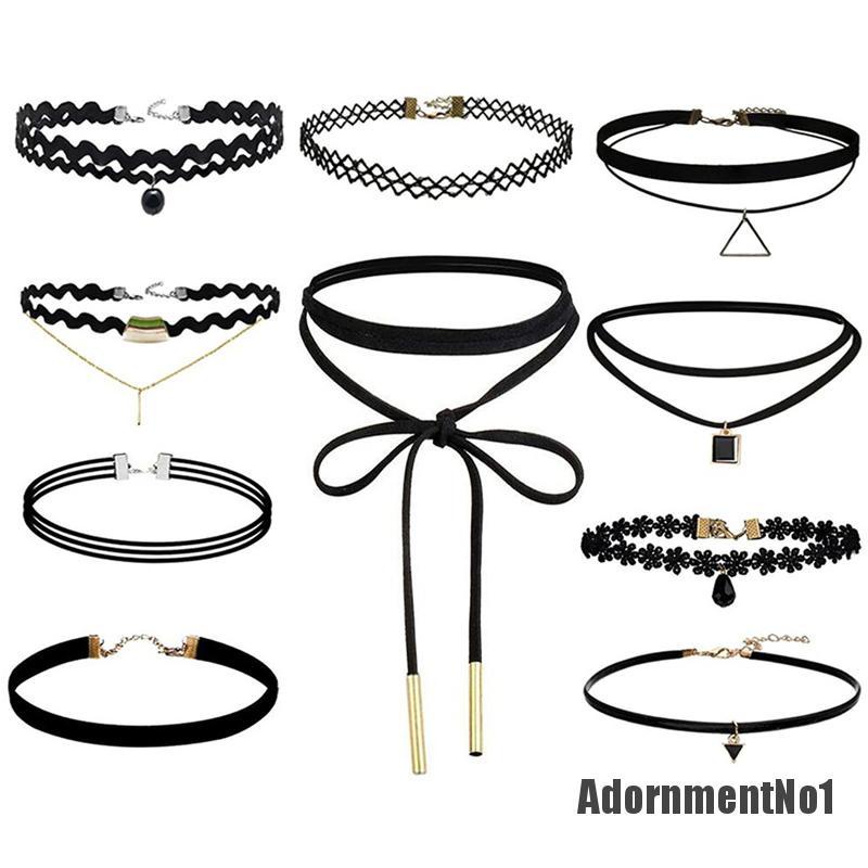 (Adornmentno1) 10pcs / Set Kalung Choker Velvet Warna Hitam Gaya Klasik / Gothic Untuk Wanita