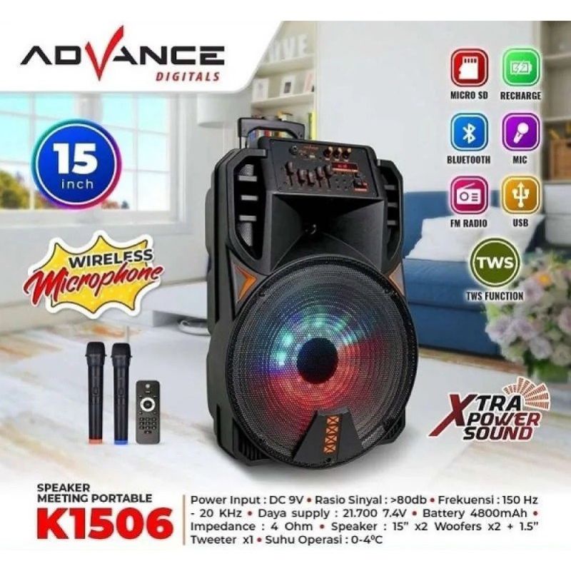 SPEAKER KAROKE ADVANCE K1506 + FREE 2 MIC WIRELESS SPEAKER BLUETOOTH MEETING 15 INCH