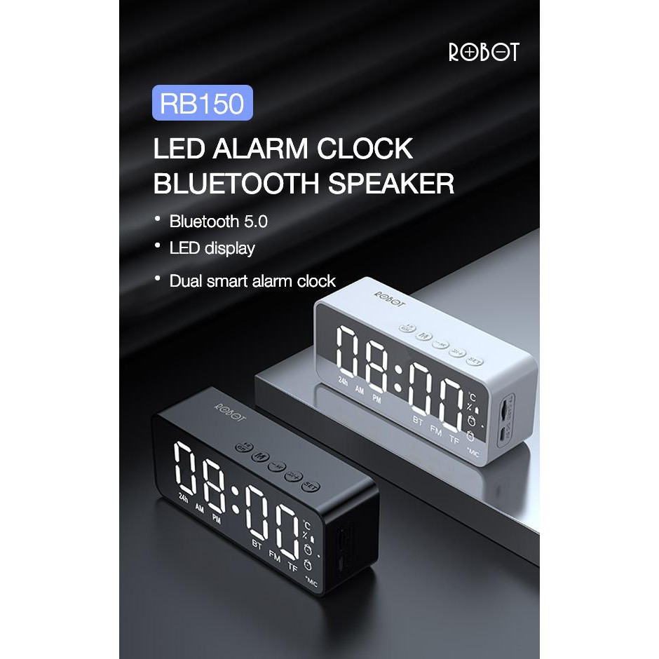 Robot RB150 LED ALARM Clock Bluetooth 5.0 Speaker Dengan Radio FM black original