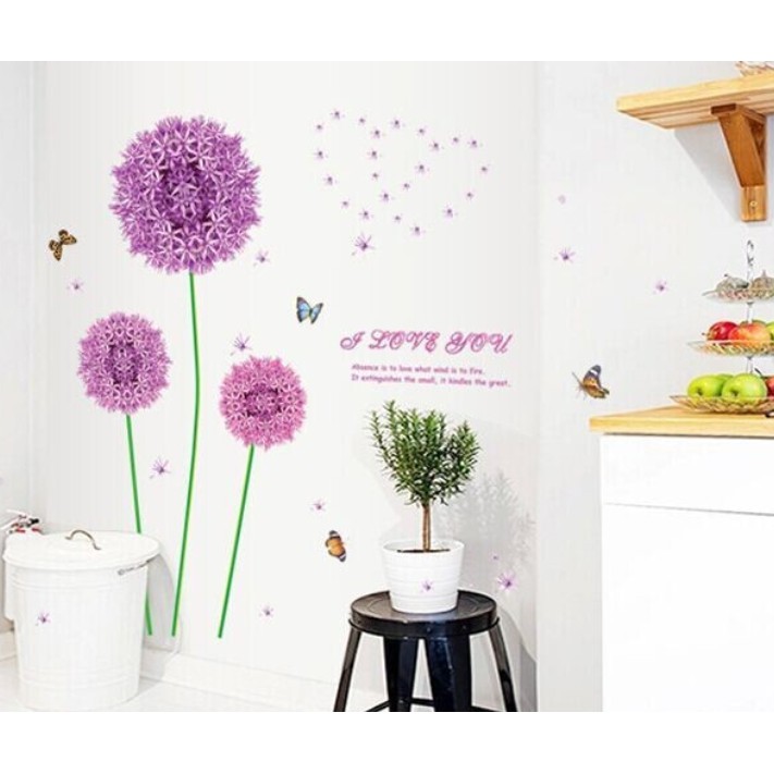 RELIZA WALLSTICKER DANDELION UNGU BUNGA FLOWERS LOVE BUTTERFLY PURPLE HOME DECOR HIASAN DINDING 9127