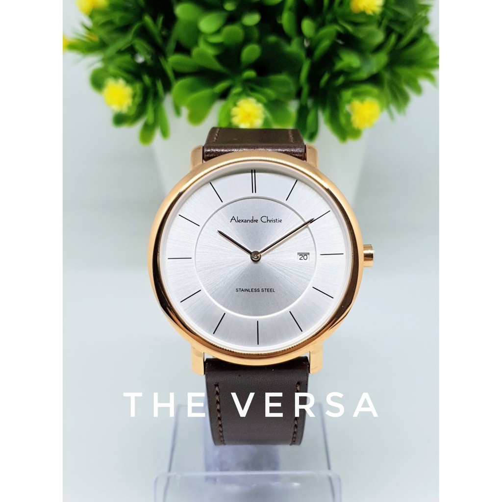 Alexandre Christie AC 8589 Jam Pria Kulit Brown Rosegold Dial White