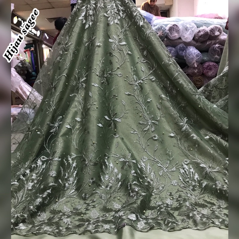 MURAH!! Kain bahan tile akar mutiara brodir atas bawah / kain bahan kebaya brokat Tulle.