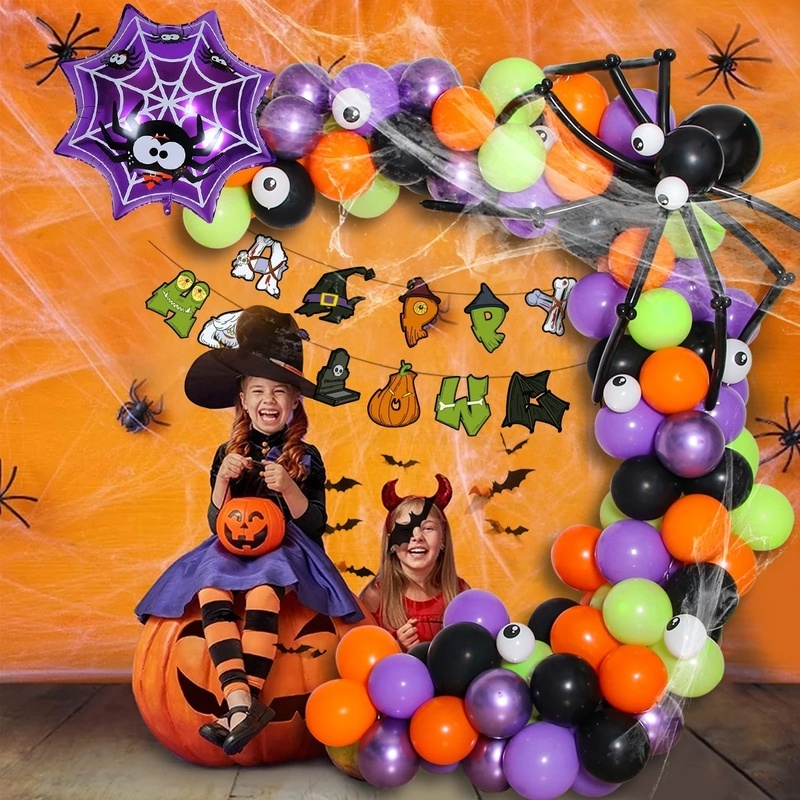 Set Balon Karangan Bunga Desain Kucing Kelelawar Labu Mummy Arch Untuk Dekorasi Pesta Halloween