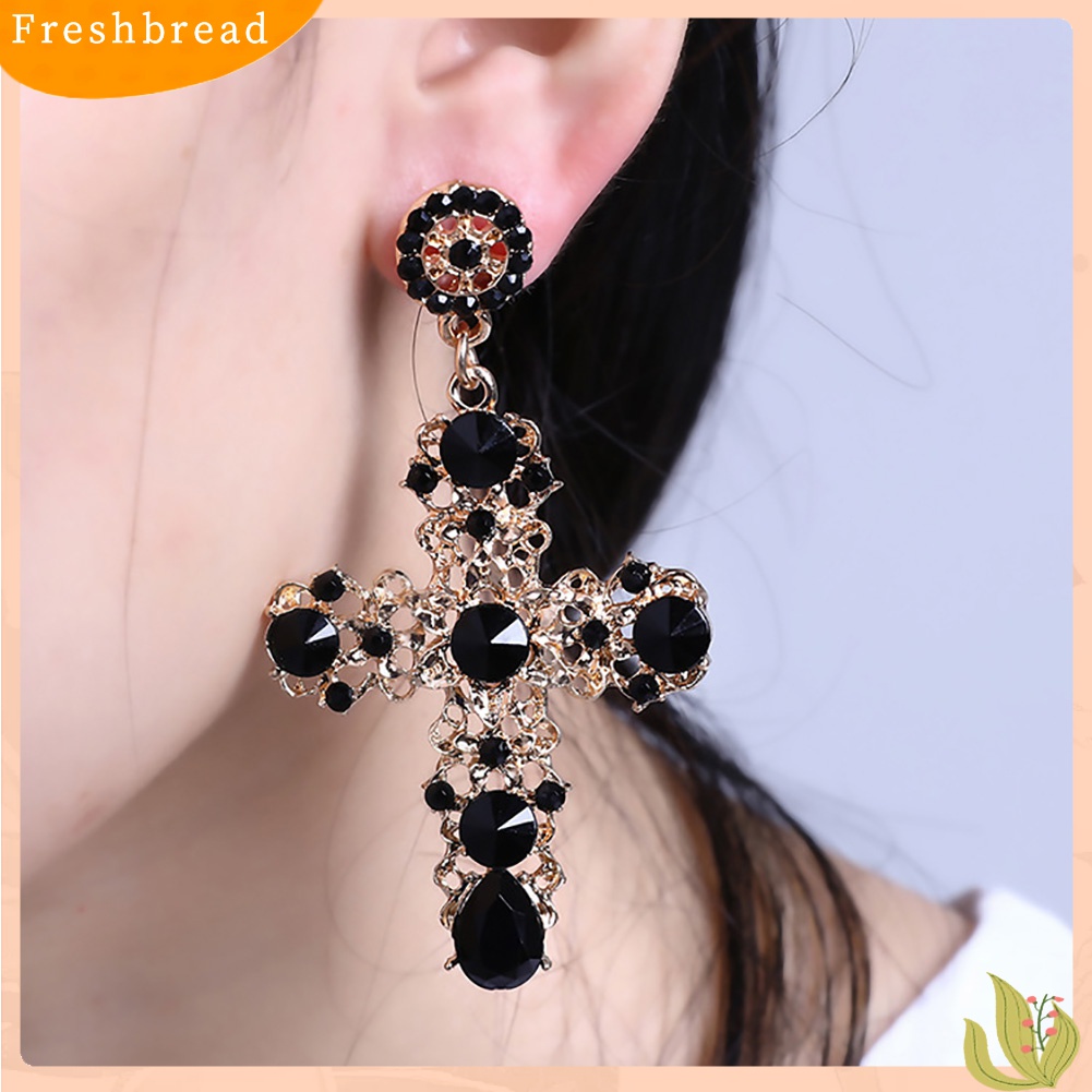 Terlaris Vintage Women Rhinestone Inlaid Hollow Cross Charm Earrings Party Jewelry Gift